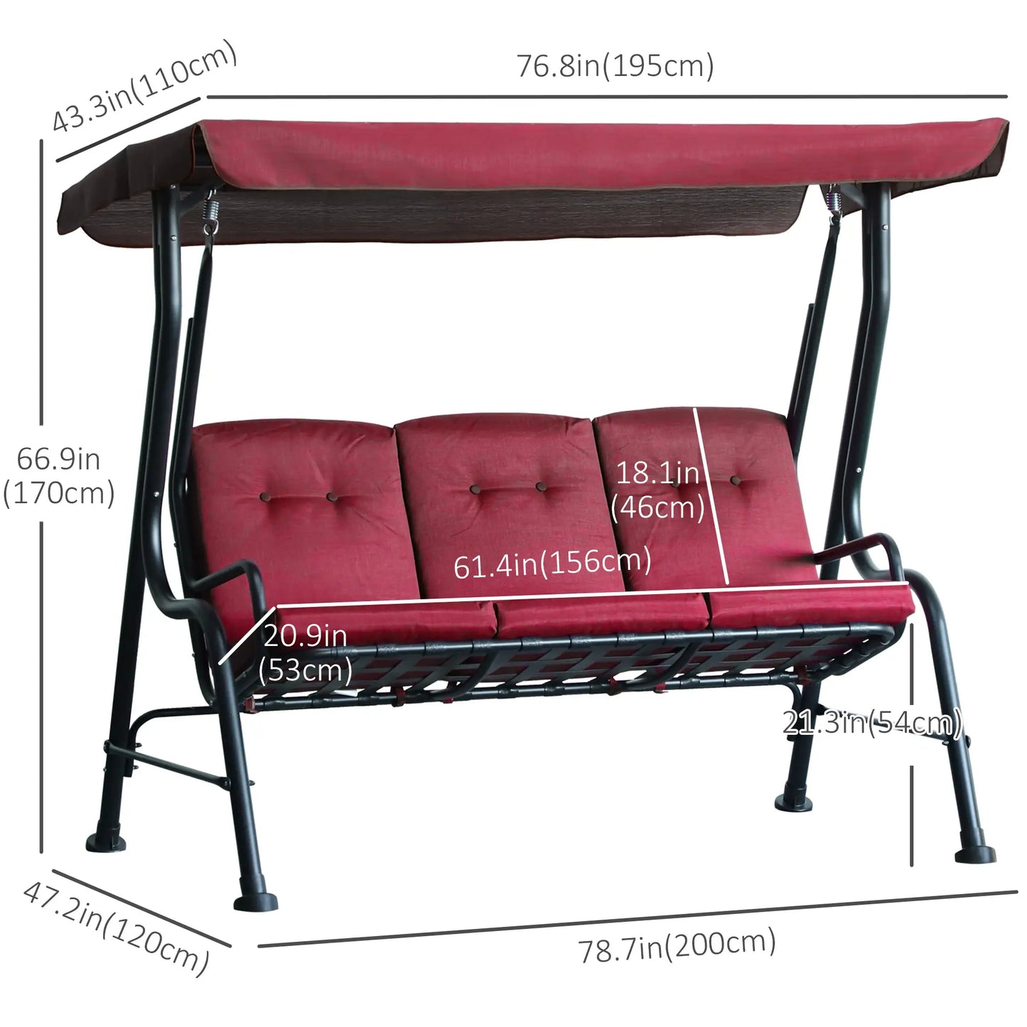 3-Person Porch Swing Chair, Adjustable Canopy, Thicken Cushion, Weather Resistant Steel Frame, Wine Red Porch Swings with Canopy at Gallery Canada