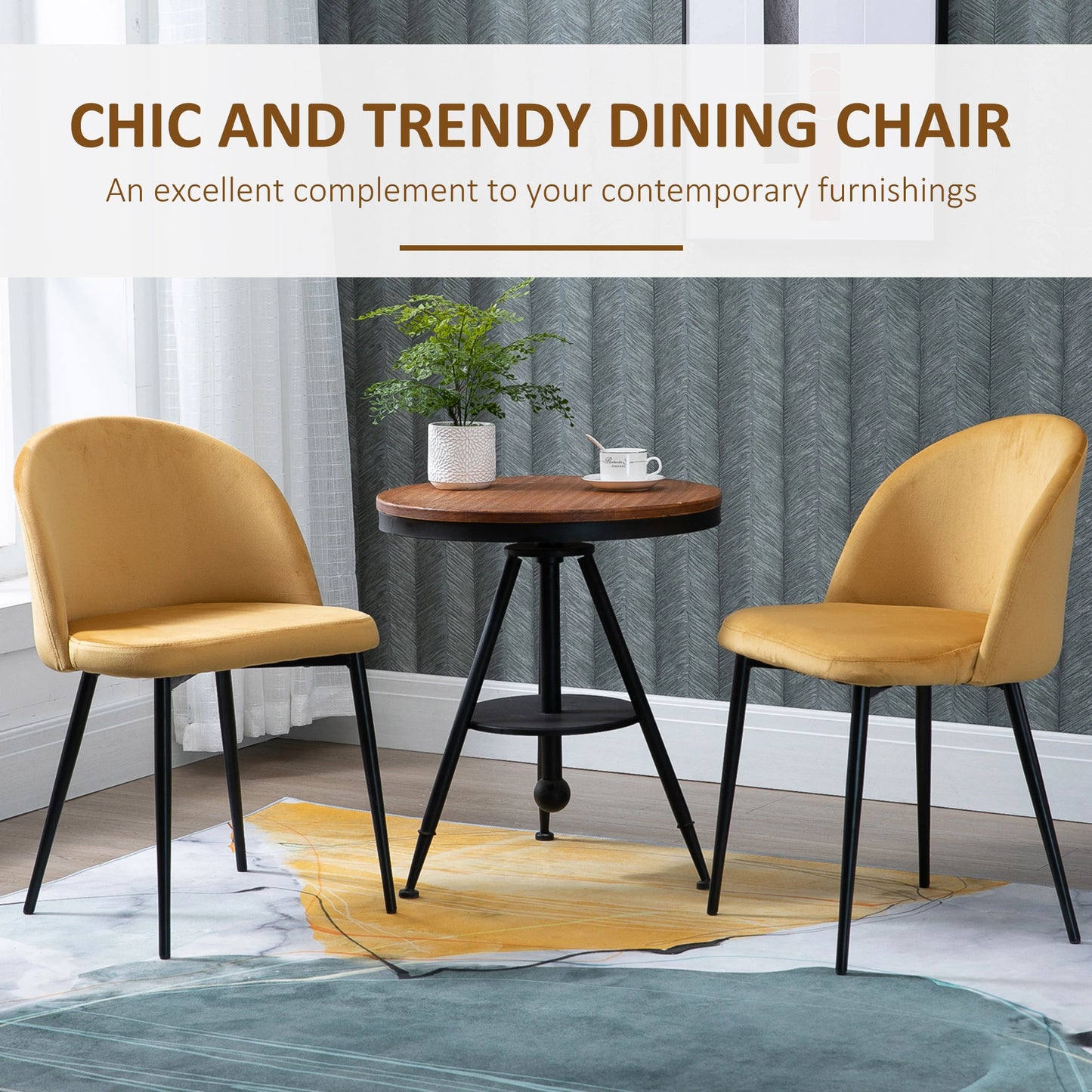 Set of 2 Mid-Back Dining Chairs, Velvet Upholstery, Yellow Bar Stools at Gallery Canada