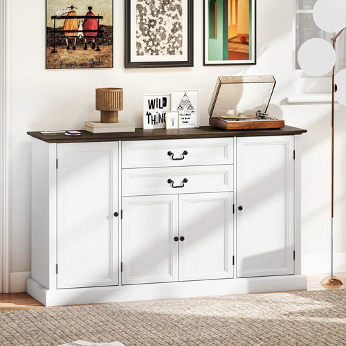 Farmhouse Sideboard with Charging Station, 58 Inch Buffet Cabinet, White