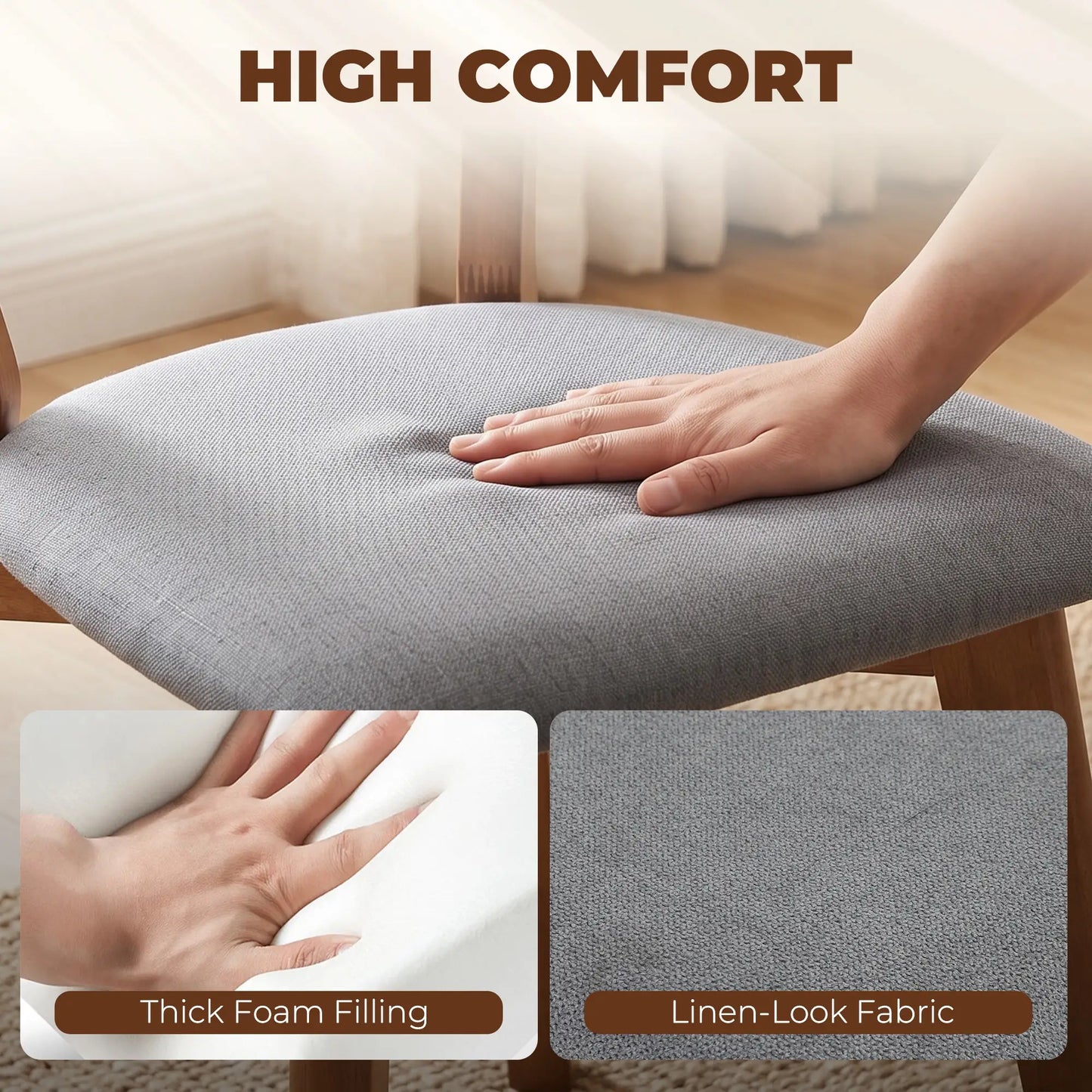 Upholstered Linen Kitchen Chairs, Rubberwood Legs, Set of 4, Grey Brown, Grey Brown