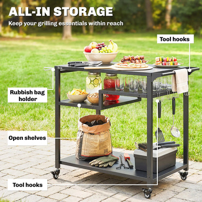 Outdoor Grill Cart, Three-Shelf Pizza Oven Stand With Hooks, Wheels, Black