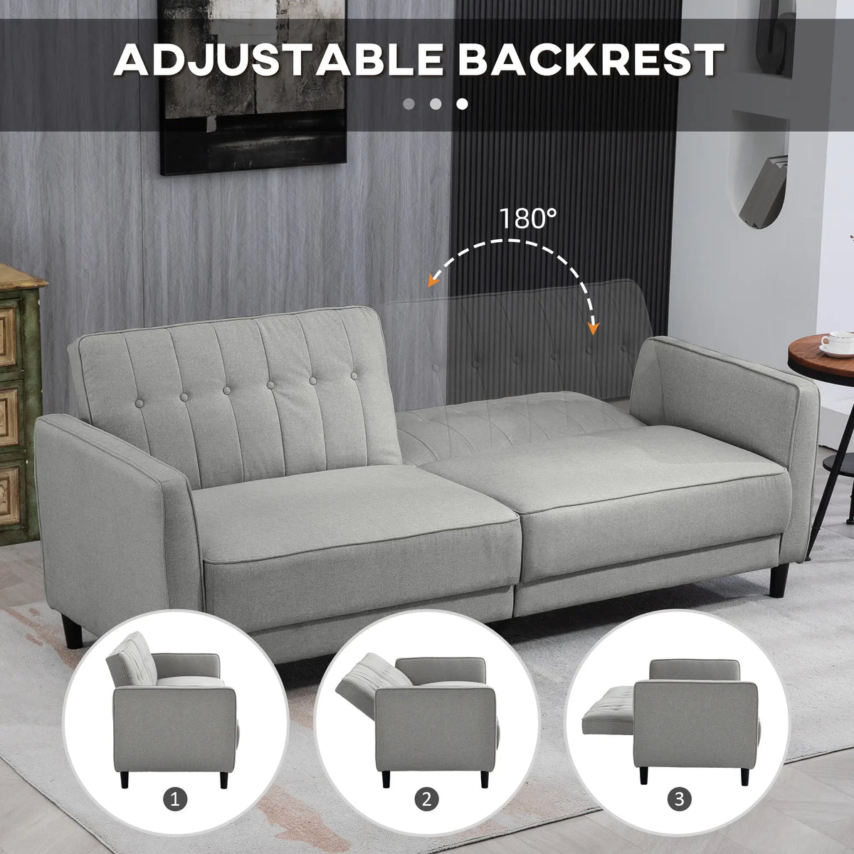 Convertible Bed with Couch, Button Tufted Fabric Sofa Bed, Adjustable Back, Grey 2-Seater Sofas at Gallery Canada