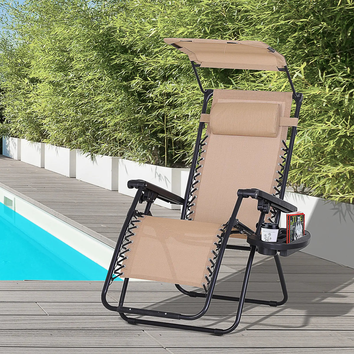 Zero Gravity Reclining Lounger Chair, Canopy Shade, Side Tray, Cupholder, Beige Lounger Chairs at Gallery Canada
