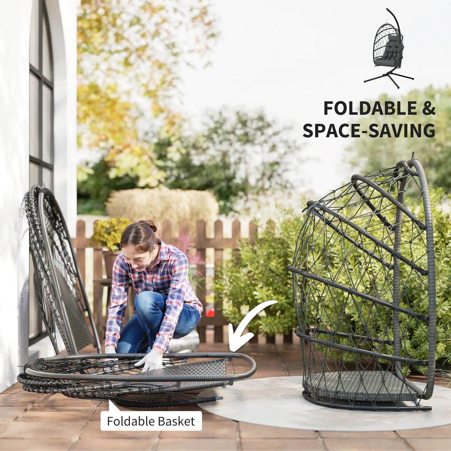 Hanging Egg Chair, Foldable Wicker Rattan Swing, Grey Patio Swings with Stand at Gallery Canada