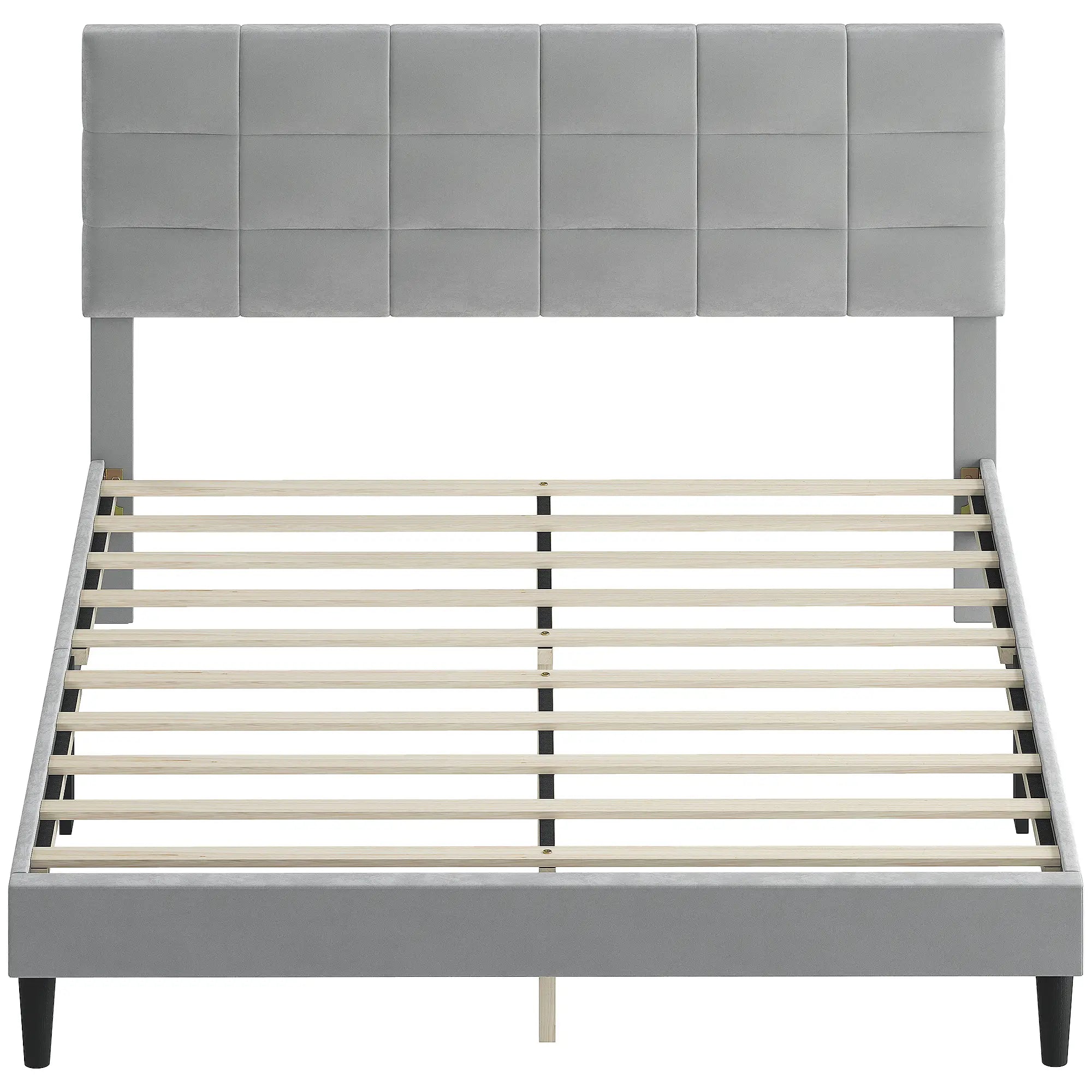 Queen Size Bed Frame, Upholstered Headboard, Wood Slats, 1100 lbs, Grey Bed Frames Grey at Gallery Canada