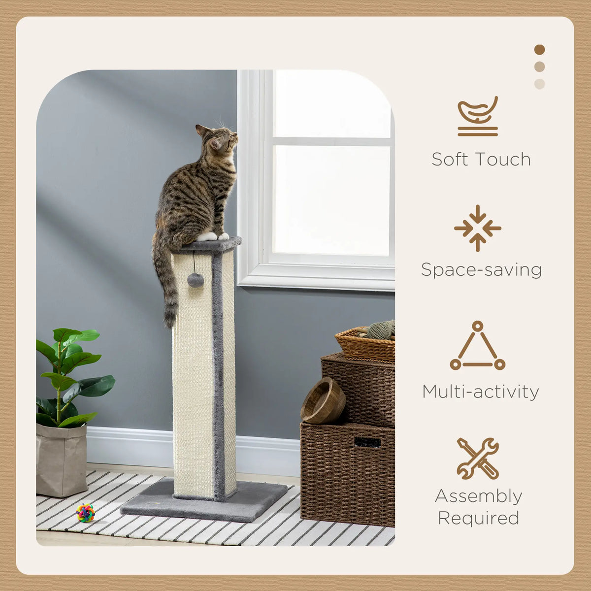 32" Tall Cat Scratching Post, Sisal Scratcher with Hanging Ball, Grey Cat Posts at Gallery Canada