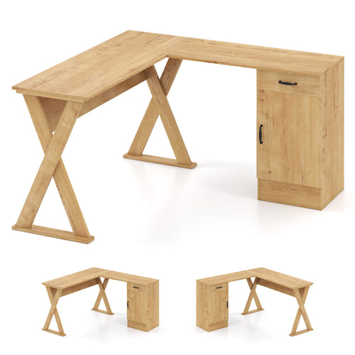 L-Shaped Computer Desk, Reversible Drawer & Cabinet, Oak