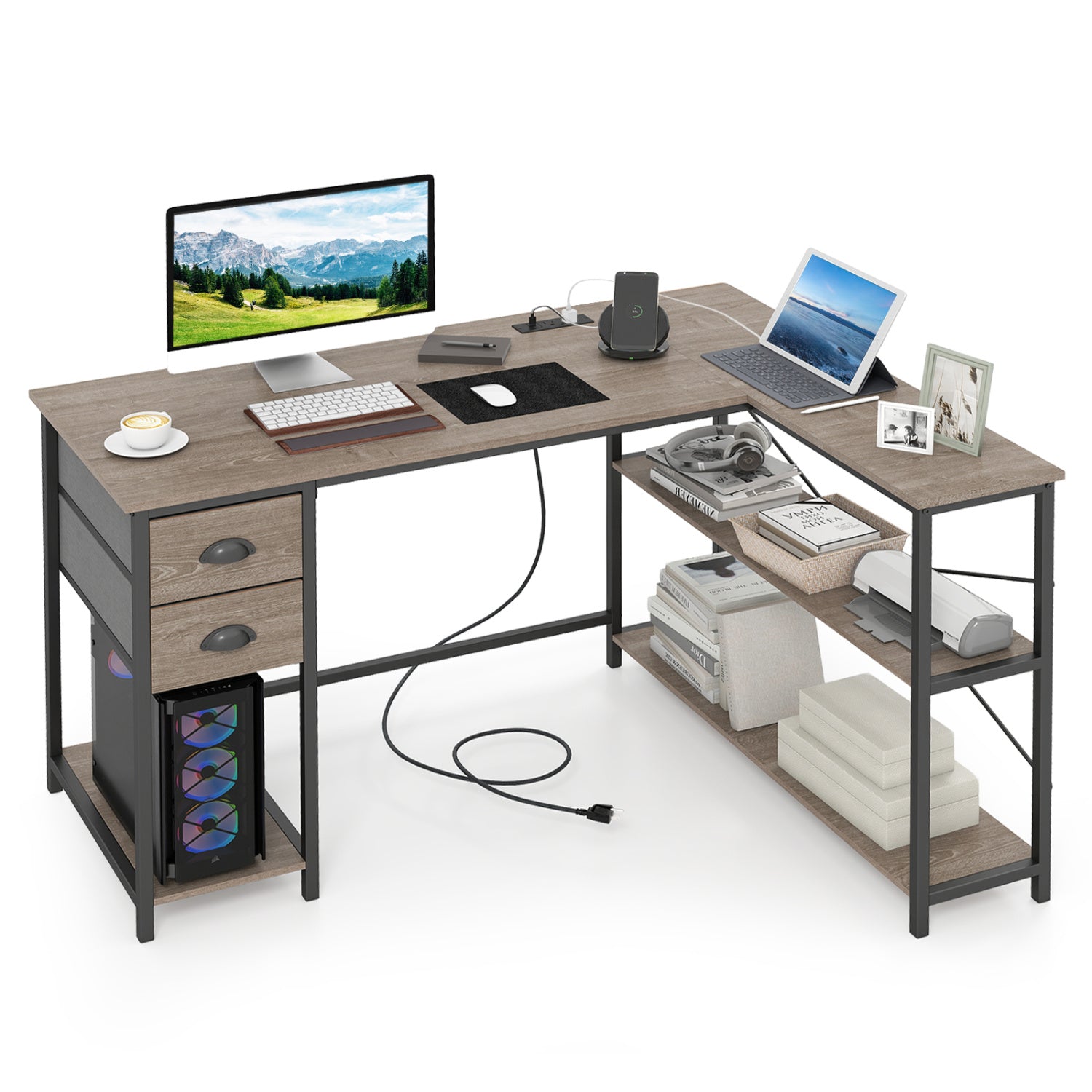 L Shaped Desk With Charging Station, 2 Fabric Drawers, Oak L-Shaped Desks at Gallery Canada