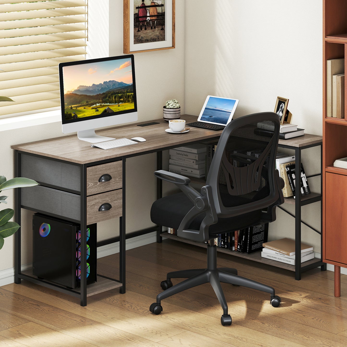 L Shaped Desk With Charging Station, 2 Fabric Drawers, Oak L-Shaped Desks at Gallery Canada