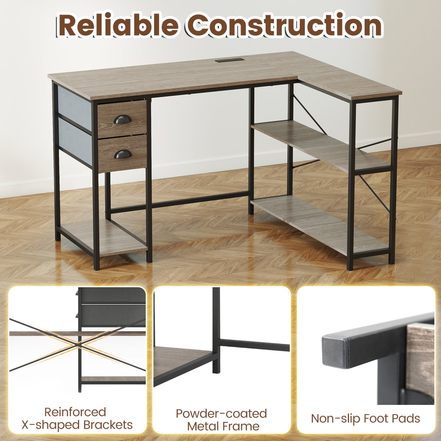 L Shaped Desk With Charging Station, 2 Fabric Drawers, Oak L-Shaped Desks at Gallery Canada