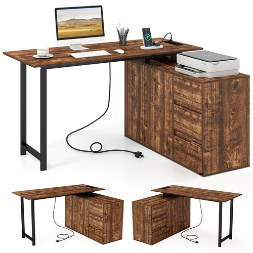 L-Shaped Desk With File Cabinet, Power Outlet, Brown