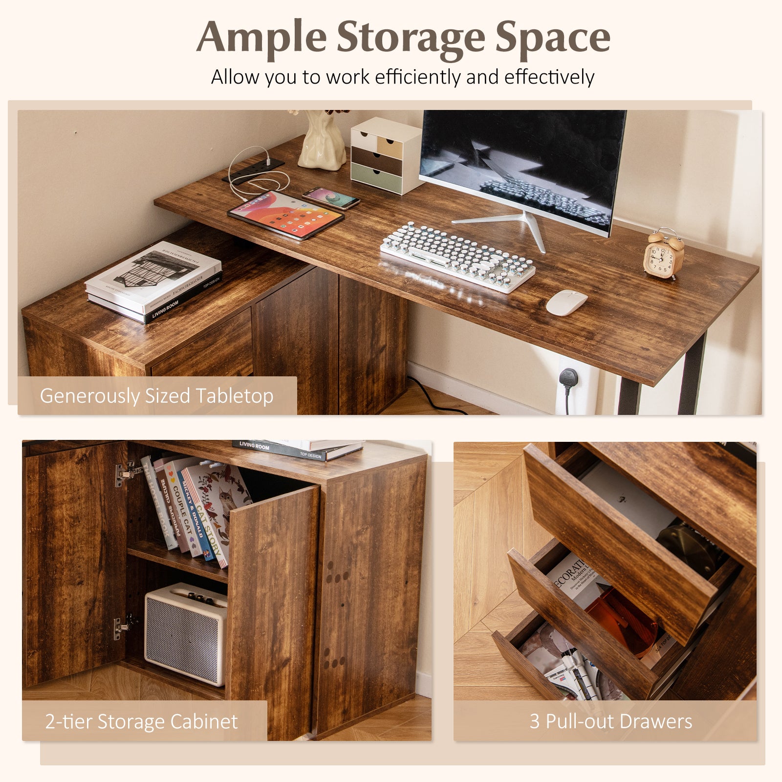 L-Shaped Desk With File Cabinet, Power Outlet, Brown L-Shaped Desks at Gallery Canada