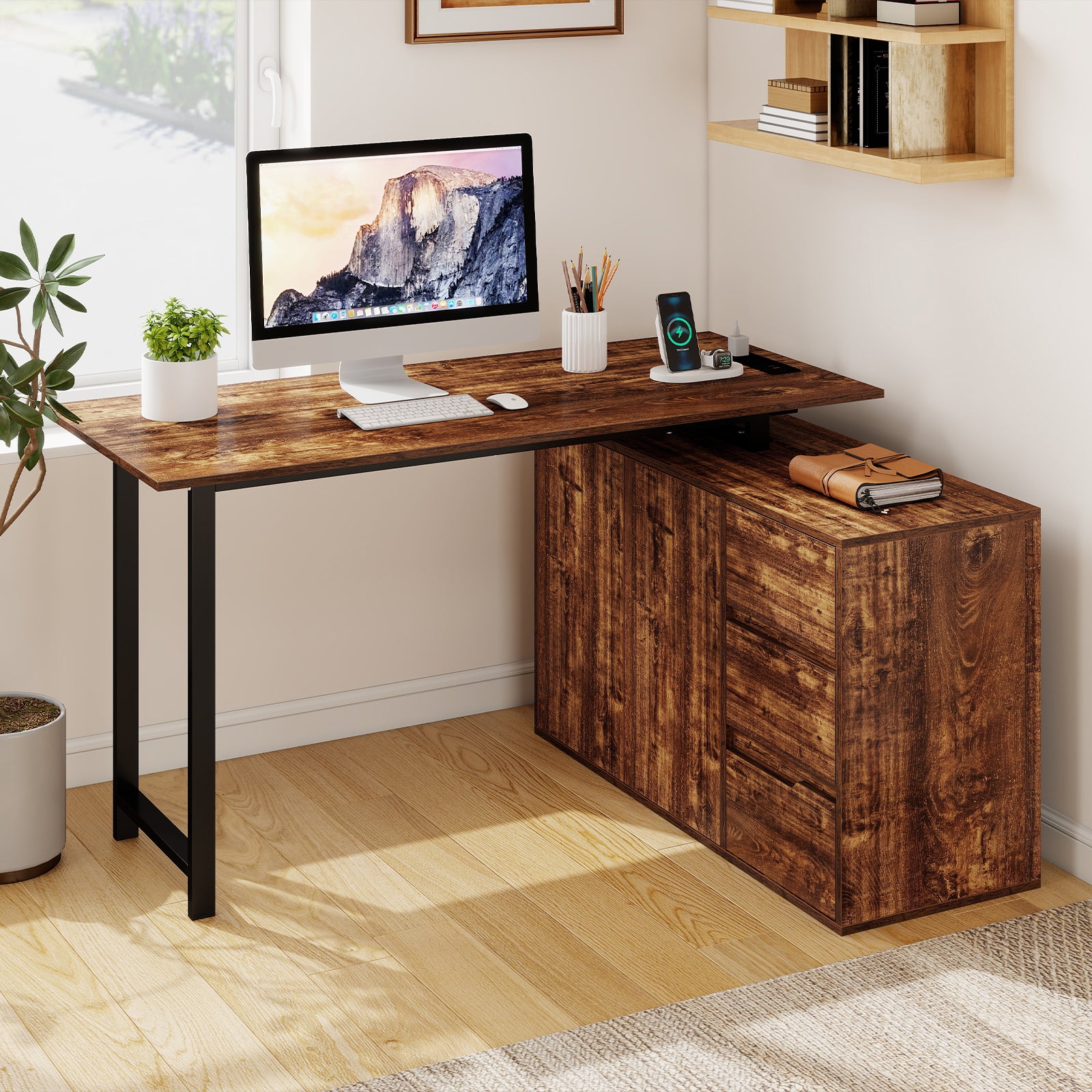 L-Shaped Desk With File Cabinet, Power Outlet, Brown L-Shaped Desks at Gallery Canada