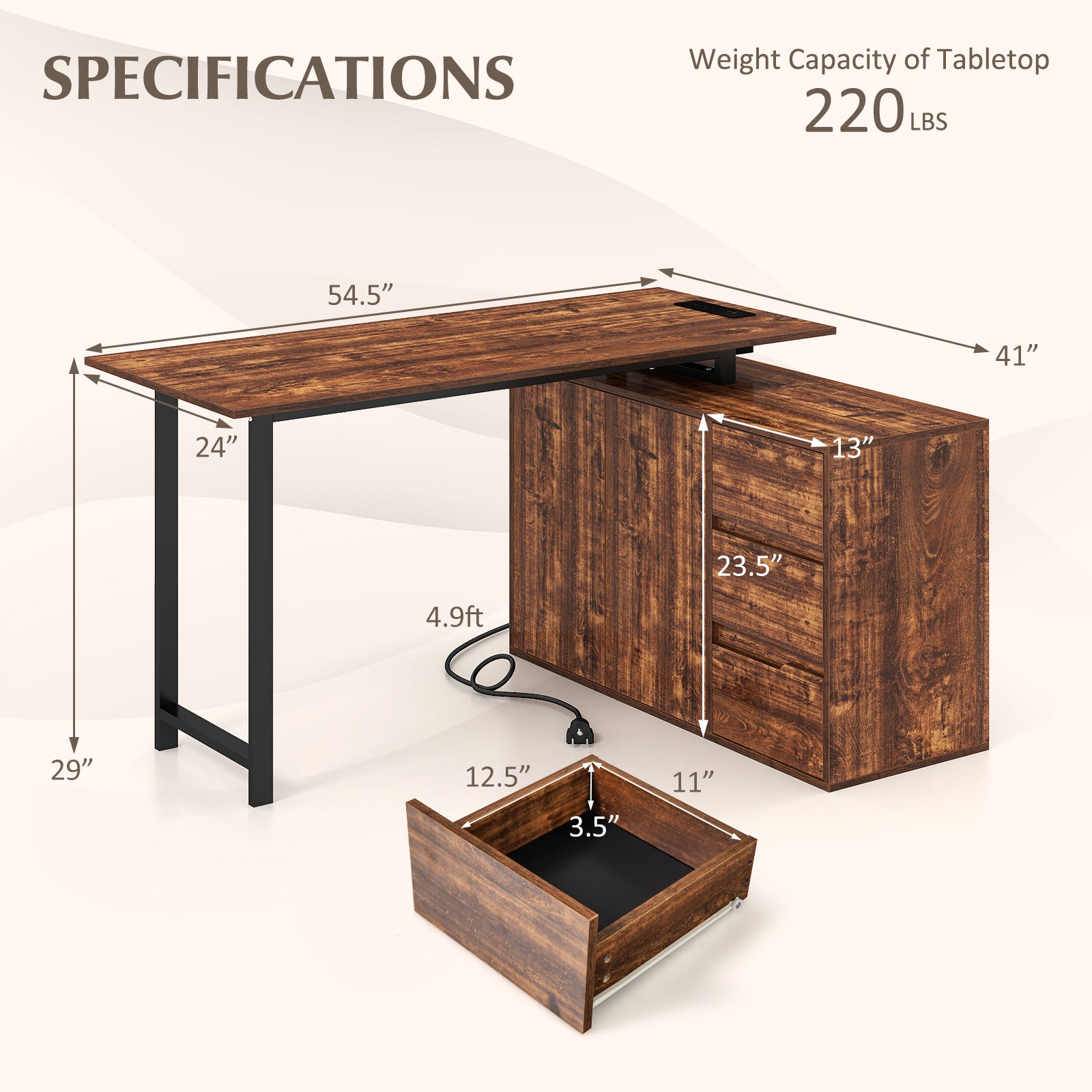 L-Shaped Desk With File Cabinet, Power Outlet, Brown L-Shaped Desks at Gallery Canada