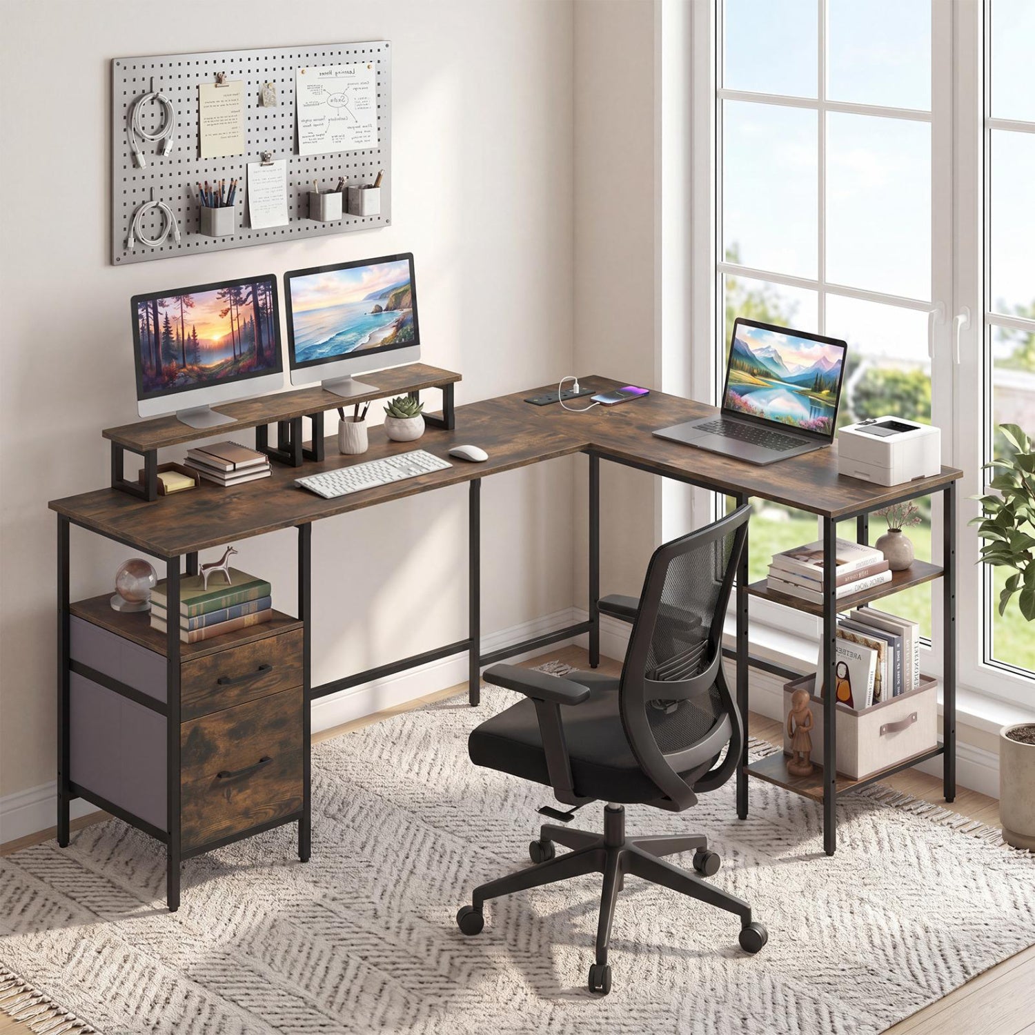 L Shaped Desk with Power Outlet Reversible Computer Desk with Monitor Stands, Rustic Brown L-Shaped Desks at Gallery Canada