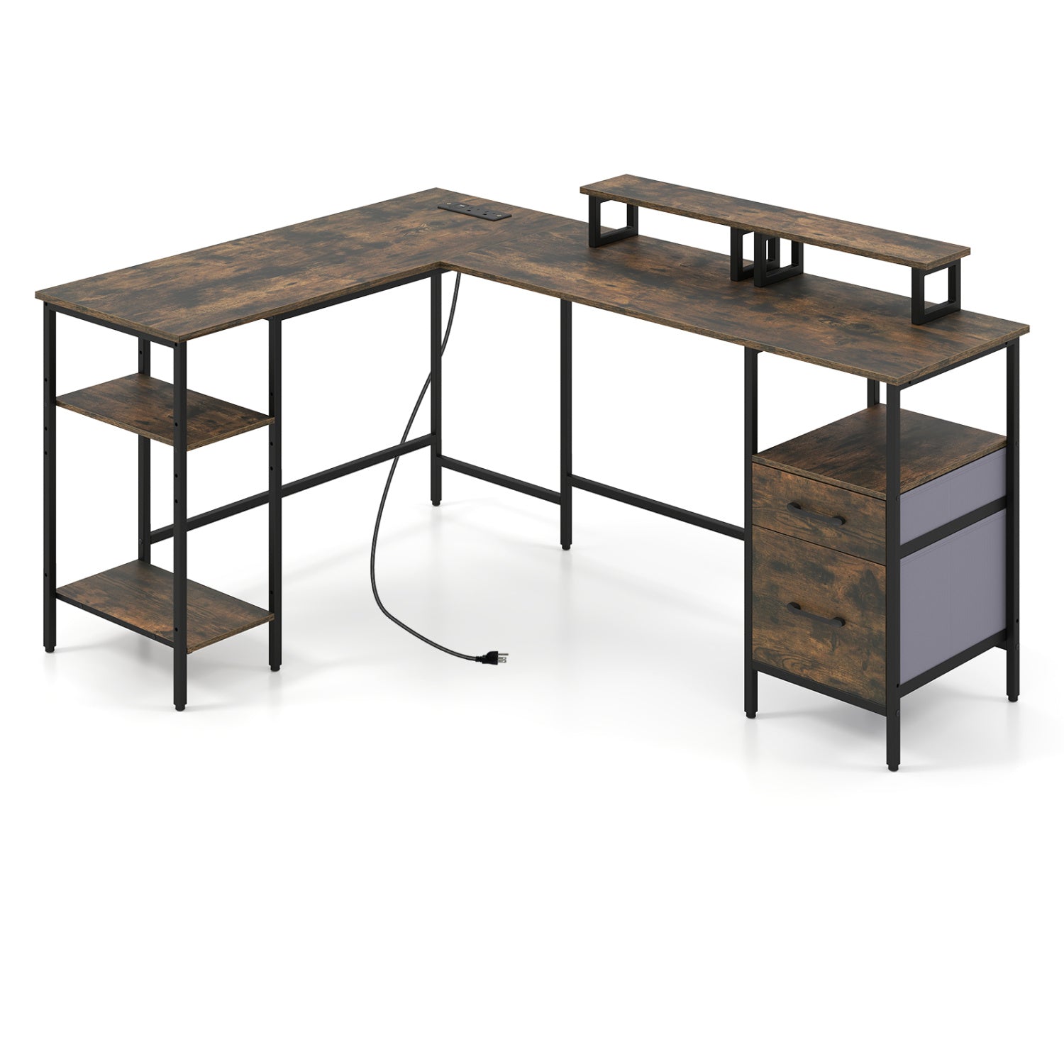 L Shaped Desk with Power Outlet Reversible Computer Desk with Monitor Stands, Rustic Brown L-Shaped Desks at Gallery Canada
