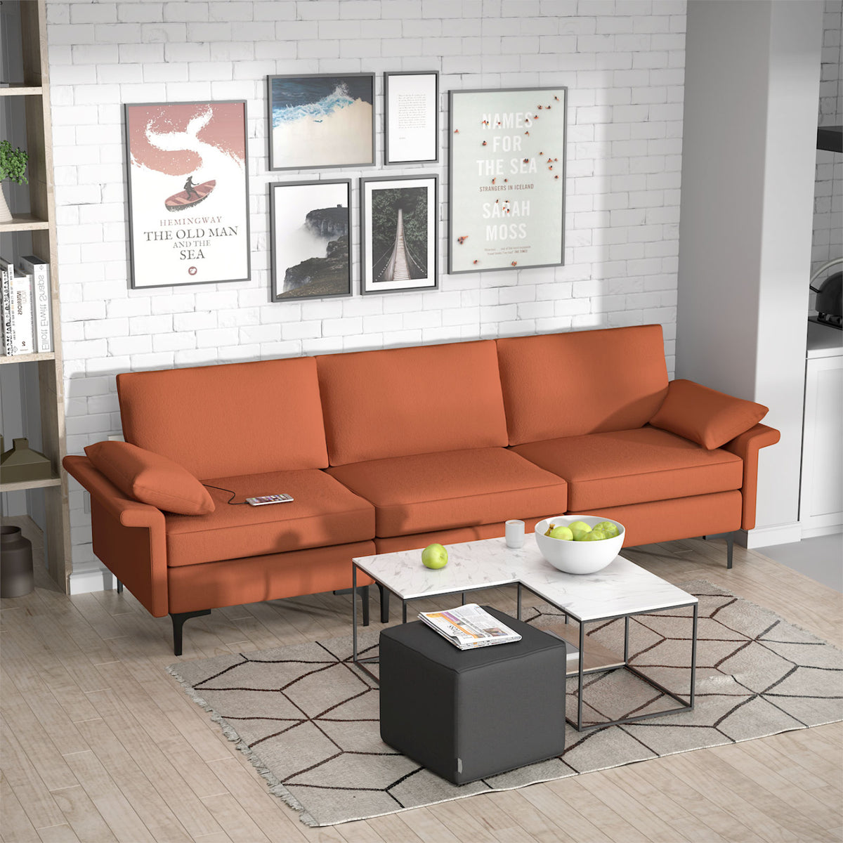 Large 3-Seat Sectional Sofa With Metal Legs, 2 USB Ports, Red Sofas & Loveseats at Gallery Canada