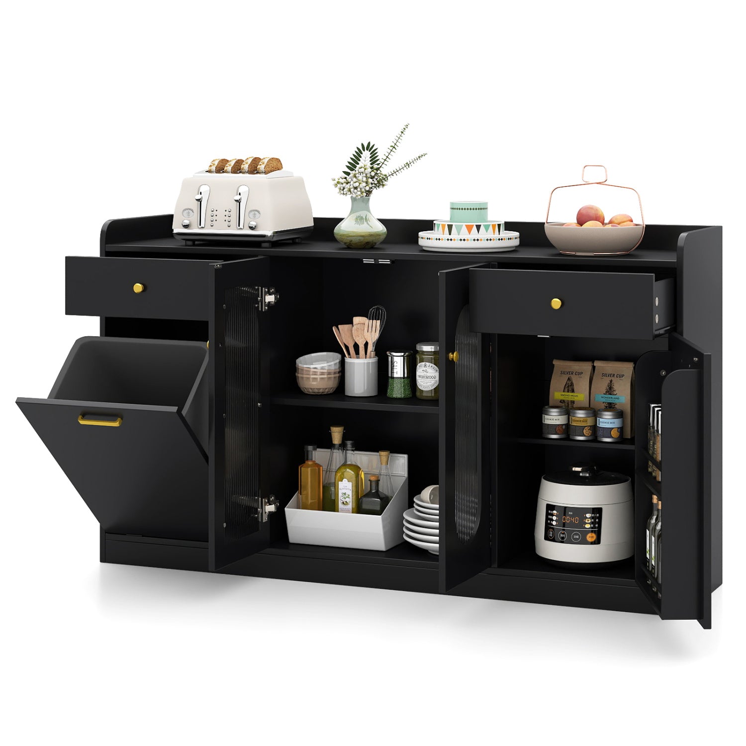 Large Buffet Cabinet, Hidden Tilt Out Trash Can, 2 Glass Doors, Black Sideboards Cabinets & Buffets at Gallery Canada