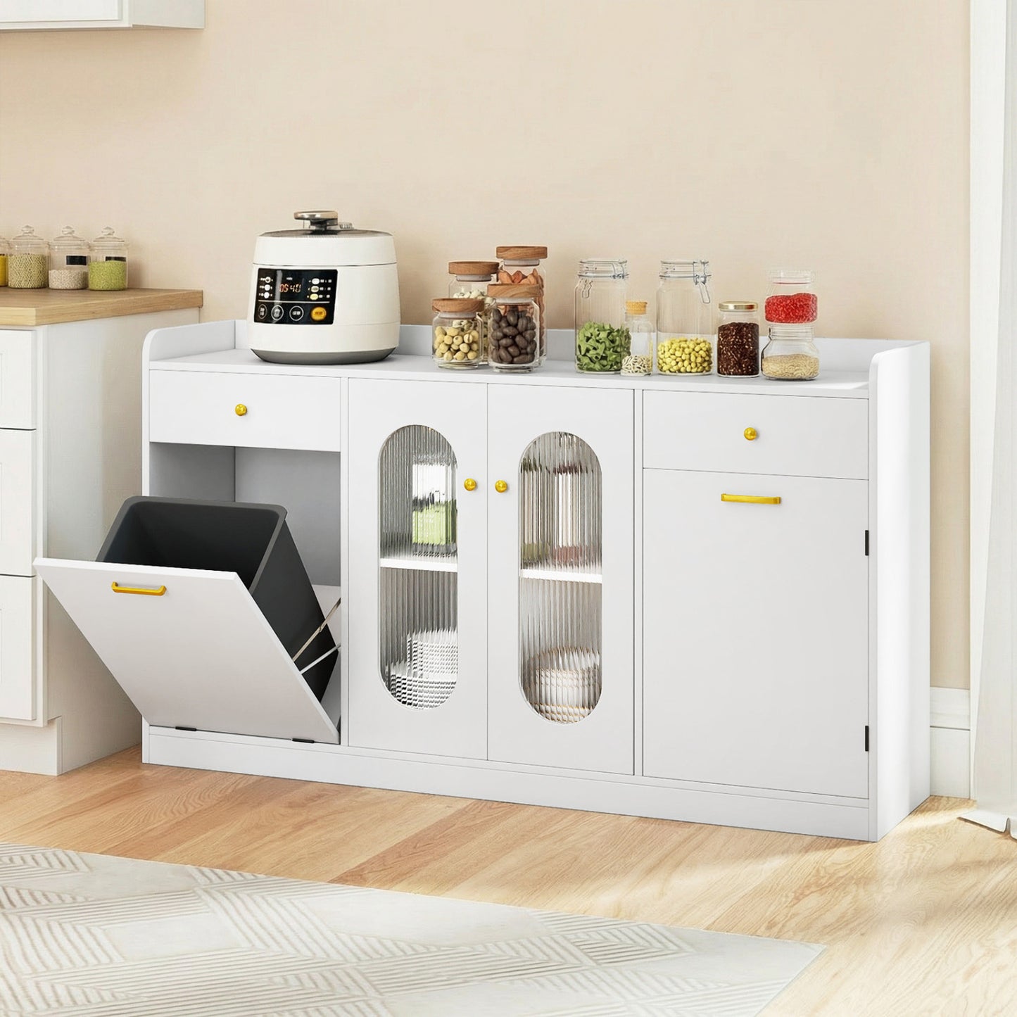 Large Buffet Cabinet, Hidden Tilt Out Trash Can, 2 Glass Doors, White Sideboards Cabinets & Buffets at Gallery Canada