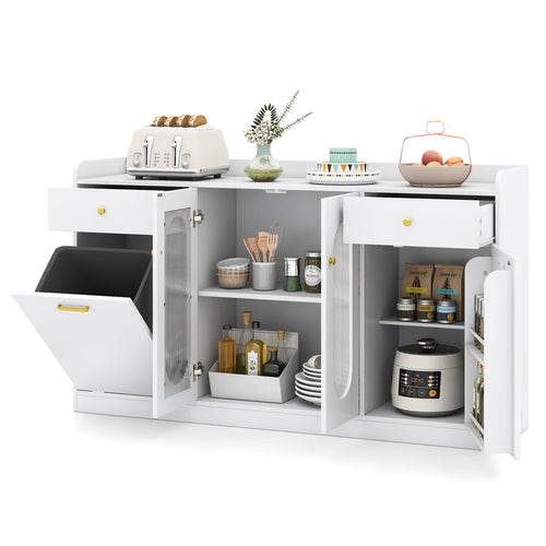 Large Buffet Cabinet, Hidden Tilt Out Trash Can, 2 Glass Doors, White