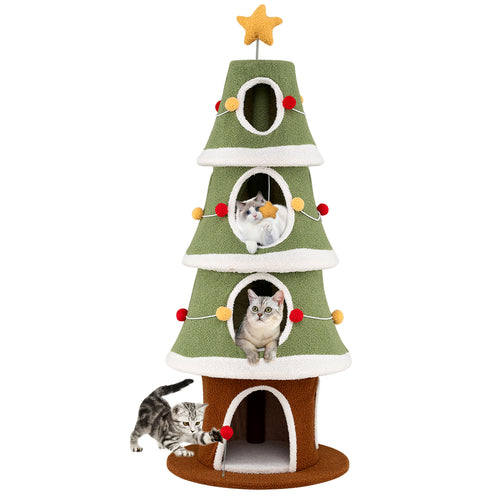Large Christmas Cat Tree for Indoor Cats 61 Inch Cute Cat Tower with 4 Condos, Green