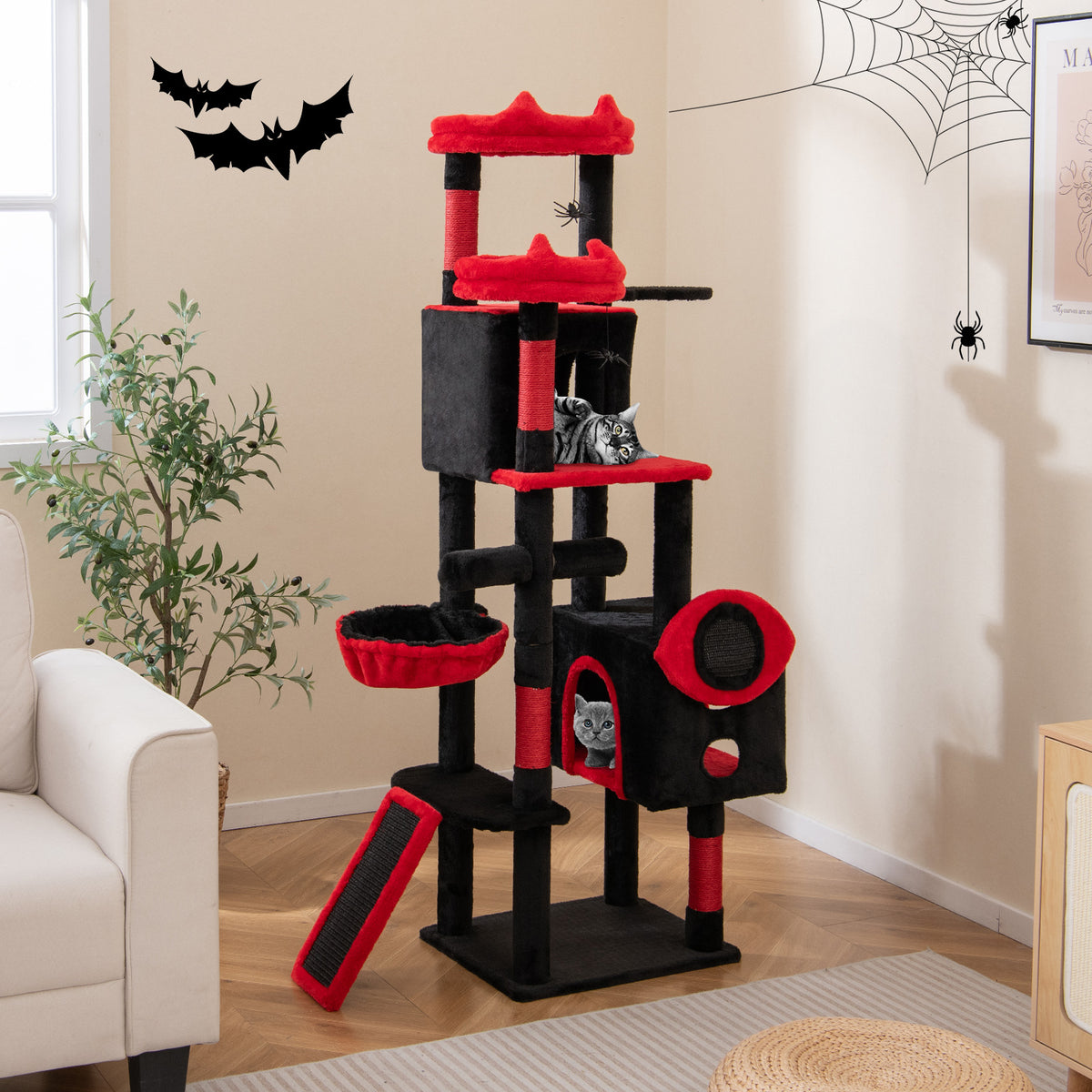 Large Gothic Cat Tree With Cat Condos, Plush Perches, Red, Black Cat Trees Condos & Scratchers at Gallery Canada