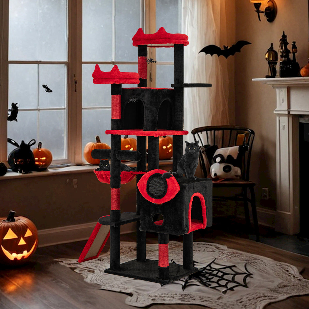 Large Gothic Cat Tree With Cat Condos, Plush Perches, Red, Black Cat Trees Condos & Scratchers at Gallery Canada