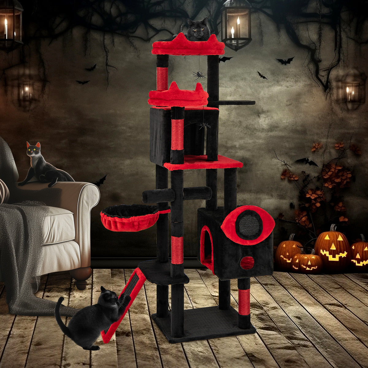 Large Gothic Cat Tree With Cat Condos, Plush Perches, Red, Black Cat Trees Condos & Scratchers at Gallery Canada