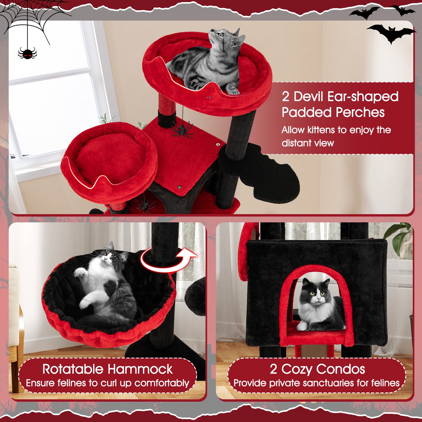 Large Gothic Cat Tree With Cat Condos, Plush Perches, Red, Black Cat Trees Condos & Scratchers at Gallery Canada
