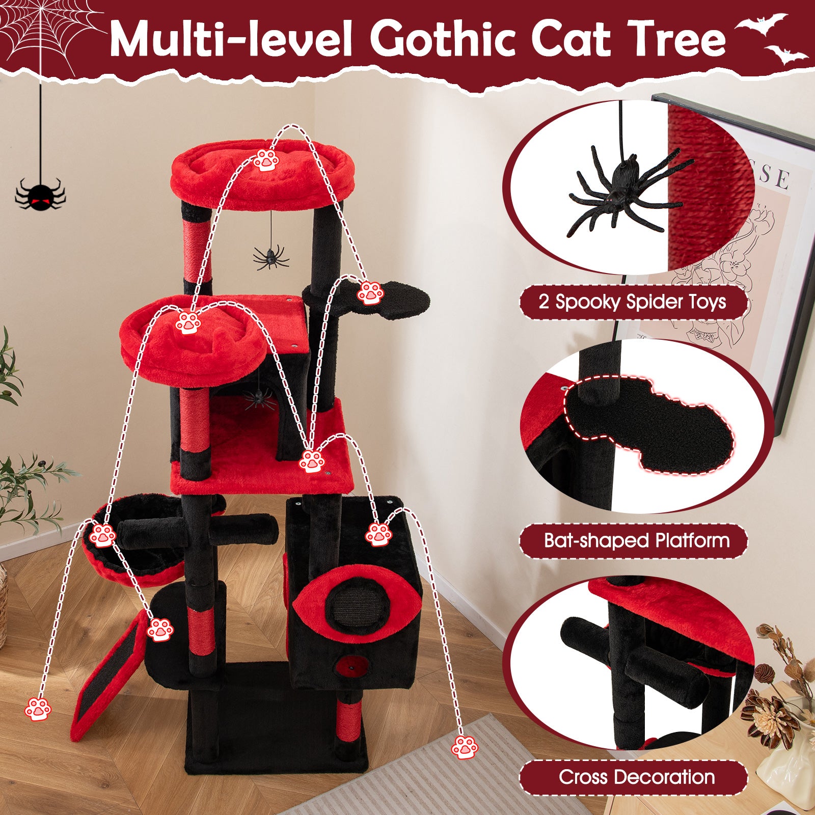 Large Gothic Cat Tree With Cat Condos, Plush Perches, Red, Black Cat Trees Condos & Scratchers at Gallery Canada