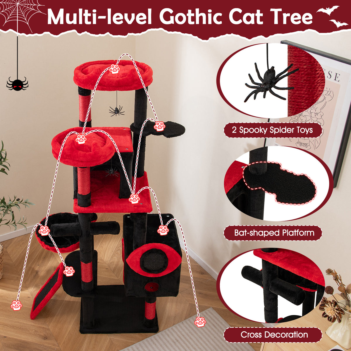 Large Gothic Cat Tree With Cat Condos, Plush Perches, Red, Black Cat Trees Condos & Scratchers at Gallery Canada