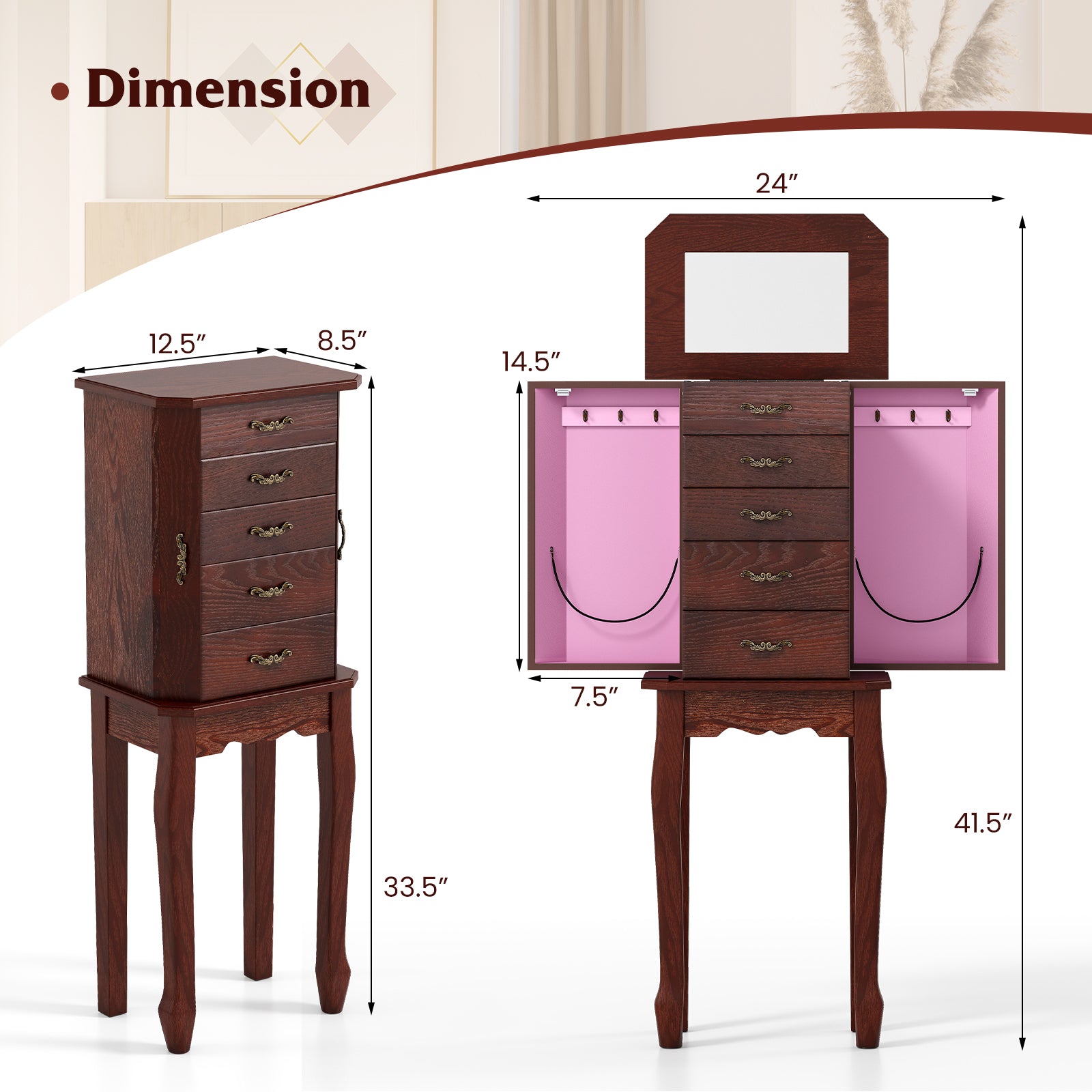 Large Jewelry Cabinet, 5 Drawers, Brown Jewelry Armoires at Gallery Canada