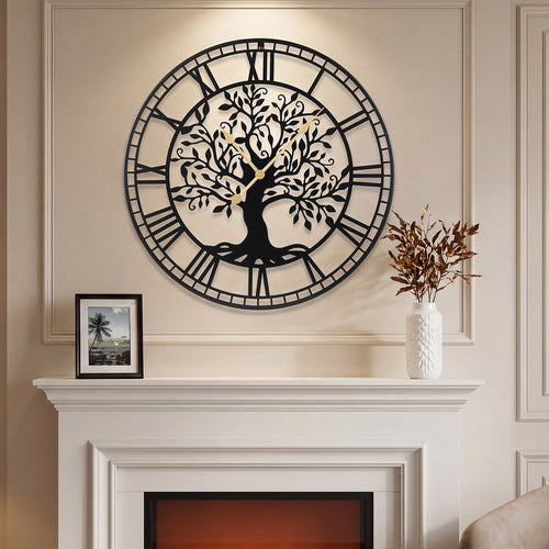 Large 27 Inch Wall Clock, Tree of Life Metal, Black