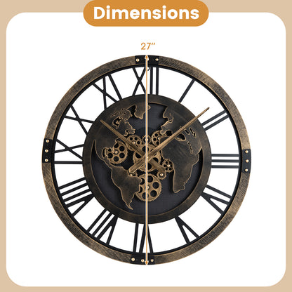 27" Large Gear Wall Clock With World Map, Brown Decorative Accessories at Gallery Canada