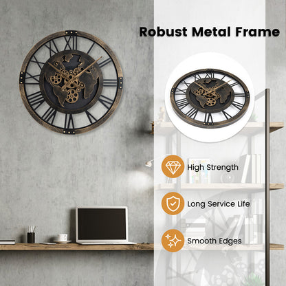 27" Large Gear Wall Clock With World Map, Brown Decorative Accessories at Gallery Canada