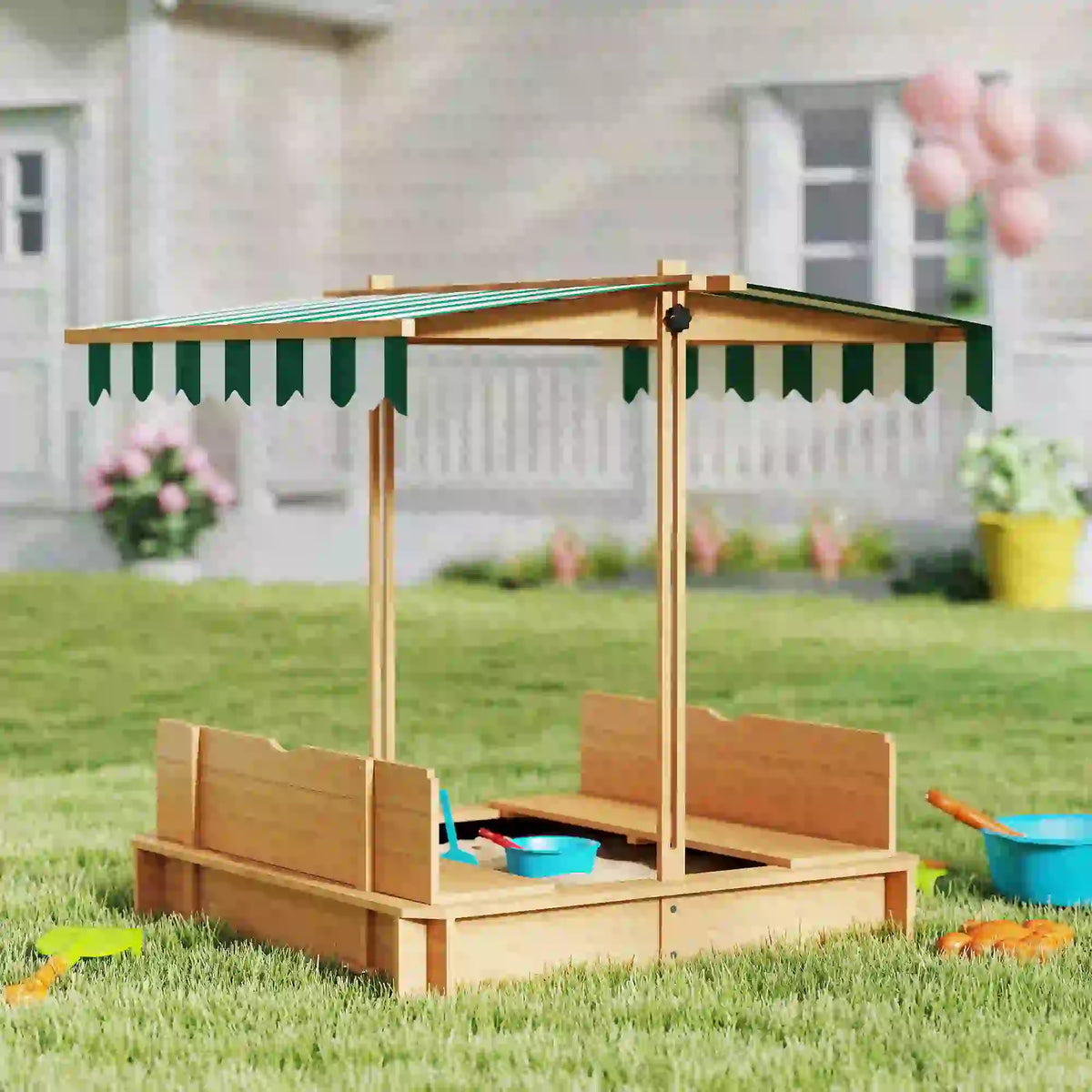Wooden Kids Sandbox with Cover, Foldable Bench Seats, Adjustable Canopy, Light Brown Sandboxes & Accessories at Gallery Canada