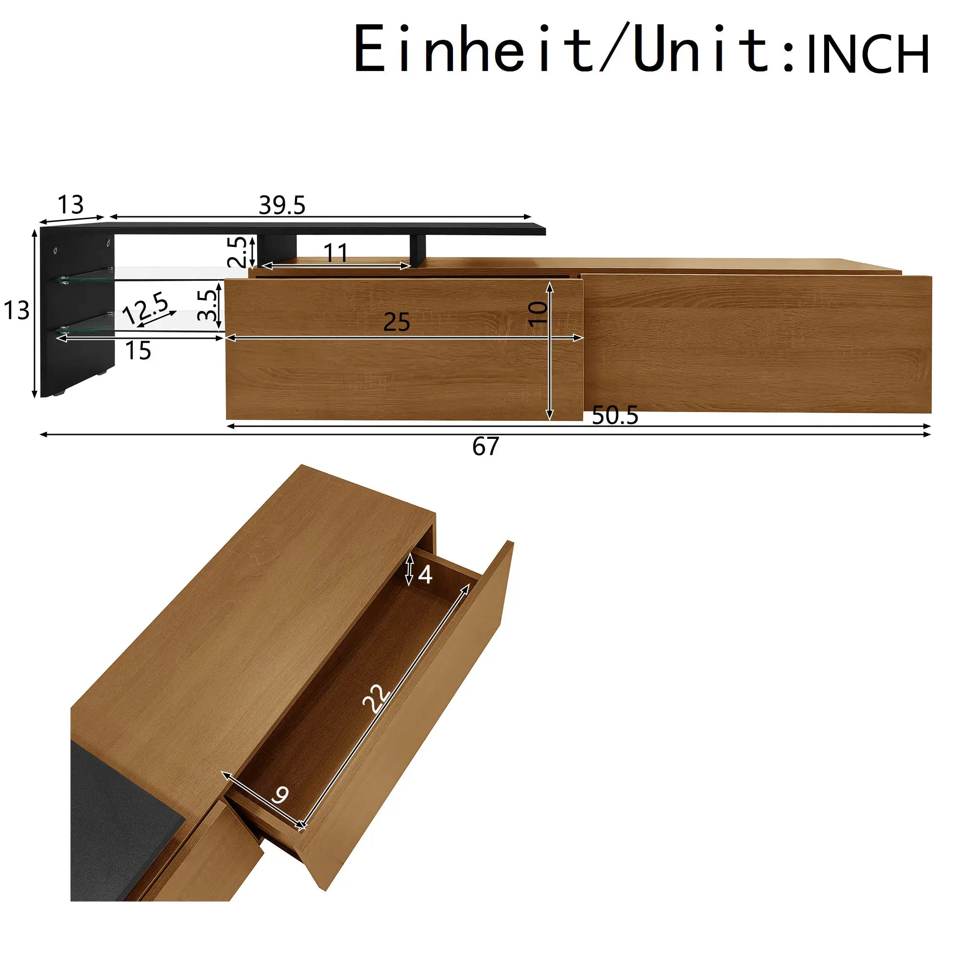 TV Stand With Glass Shelves, LED Lighting, 67