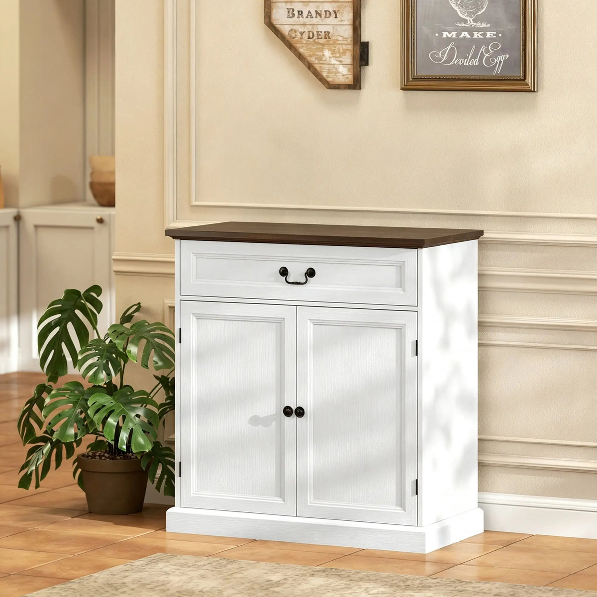 32" Buffet Cabinet, White Wood Grain, Farmhouse Sideboard, White Bar Cabinets at Gallery Canada