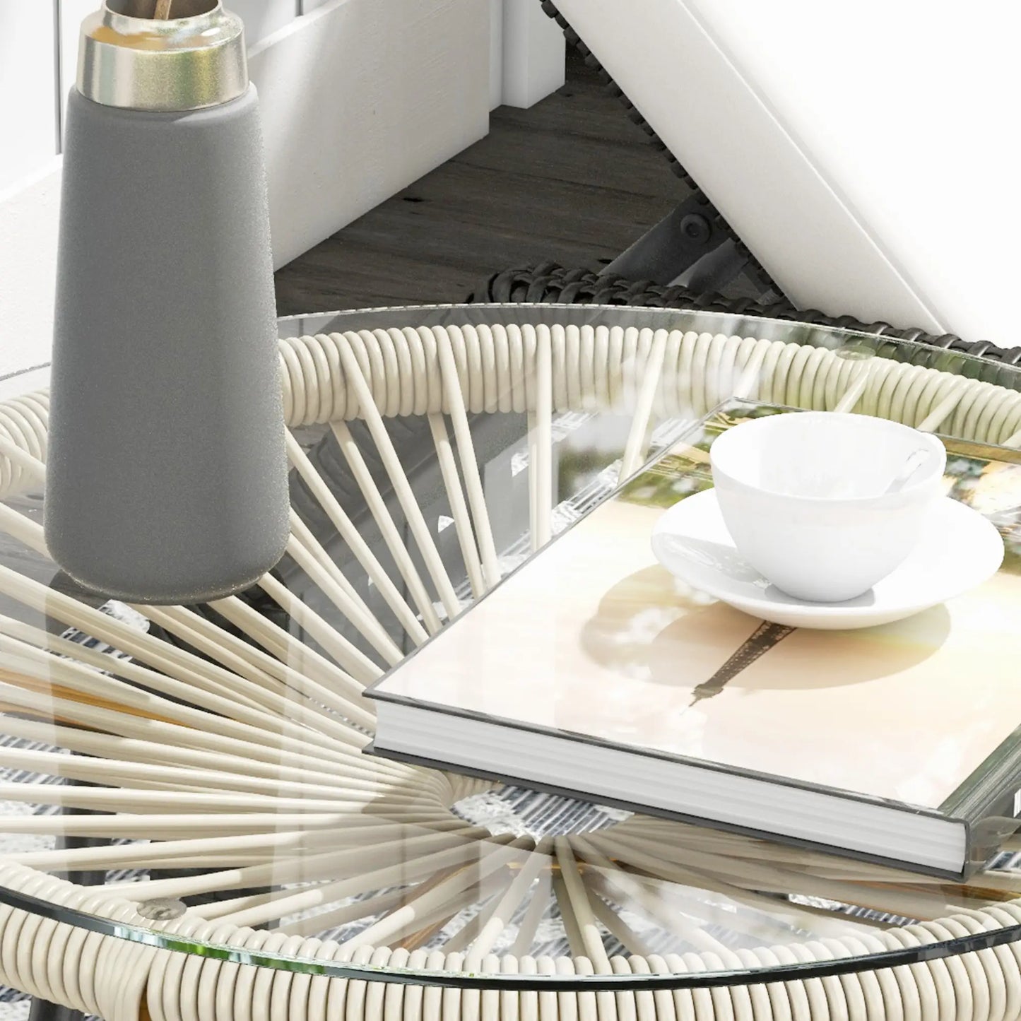 Round Rattan Side Table, With Tempered Glass Top, Cream White Patio Side Tables at Gallery Canada