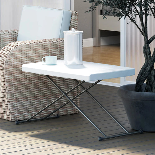 Folding Outdoor Patio Table, 3-Level Adjustable, HDPE Top, Steel Legs, White