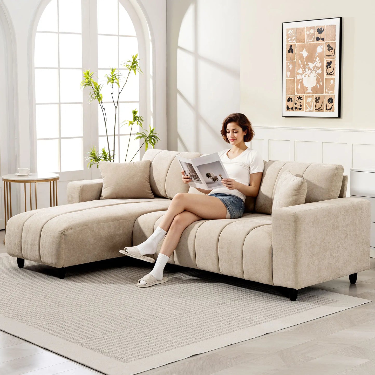 Sectional Couch, 3 Seater L-Shaped Sofa, Changeable Chaise, Beige 3-Seater Sofas at Gallery Canada