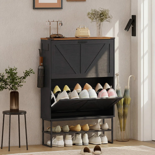 Narrow Shoe Storage Cabinet with 2 Flip Drawers, Black