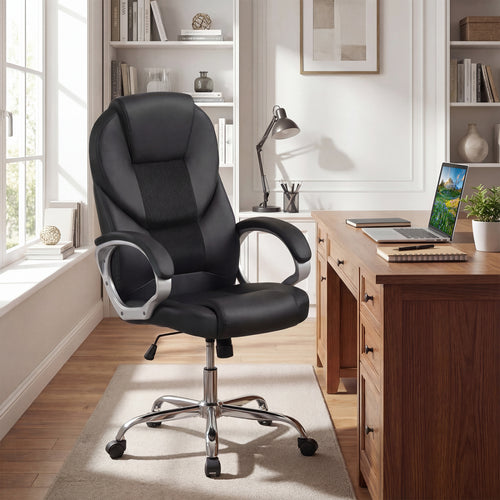 Leather Office Chair, Ergonomic Mesh, Padded Armrests, Rocking Backrest, Black