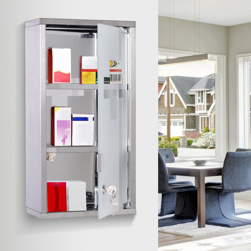 Wall Mount Medicine Cabinet, 2 Shelves, Steel Frame, Glass Door, Lockable, Stainless