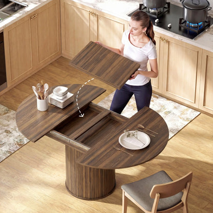 Extendable Kitchen Table, 43.5"-59", Walnut Wood Grain, Pedestal Base Dining Tables at Gallery Canada