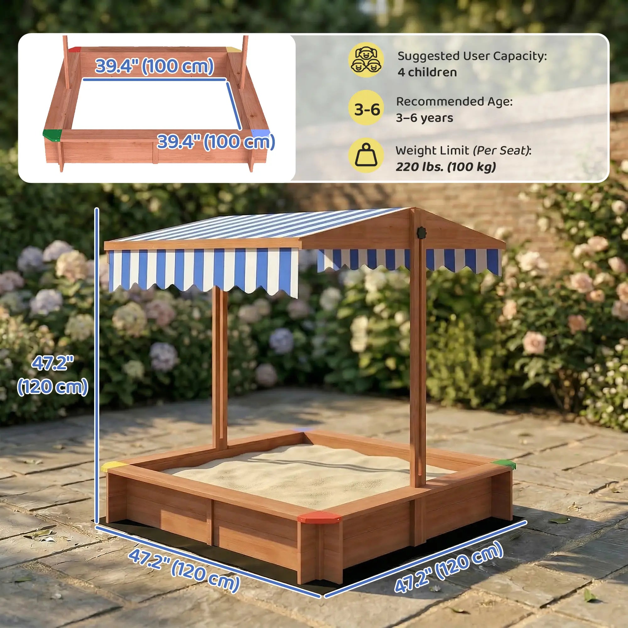 Wooden Sandbox with Cover, Adjustable Canopy, Seats, Dark Brown Sandboxes & Accessories at Gallery Canada