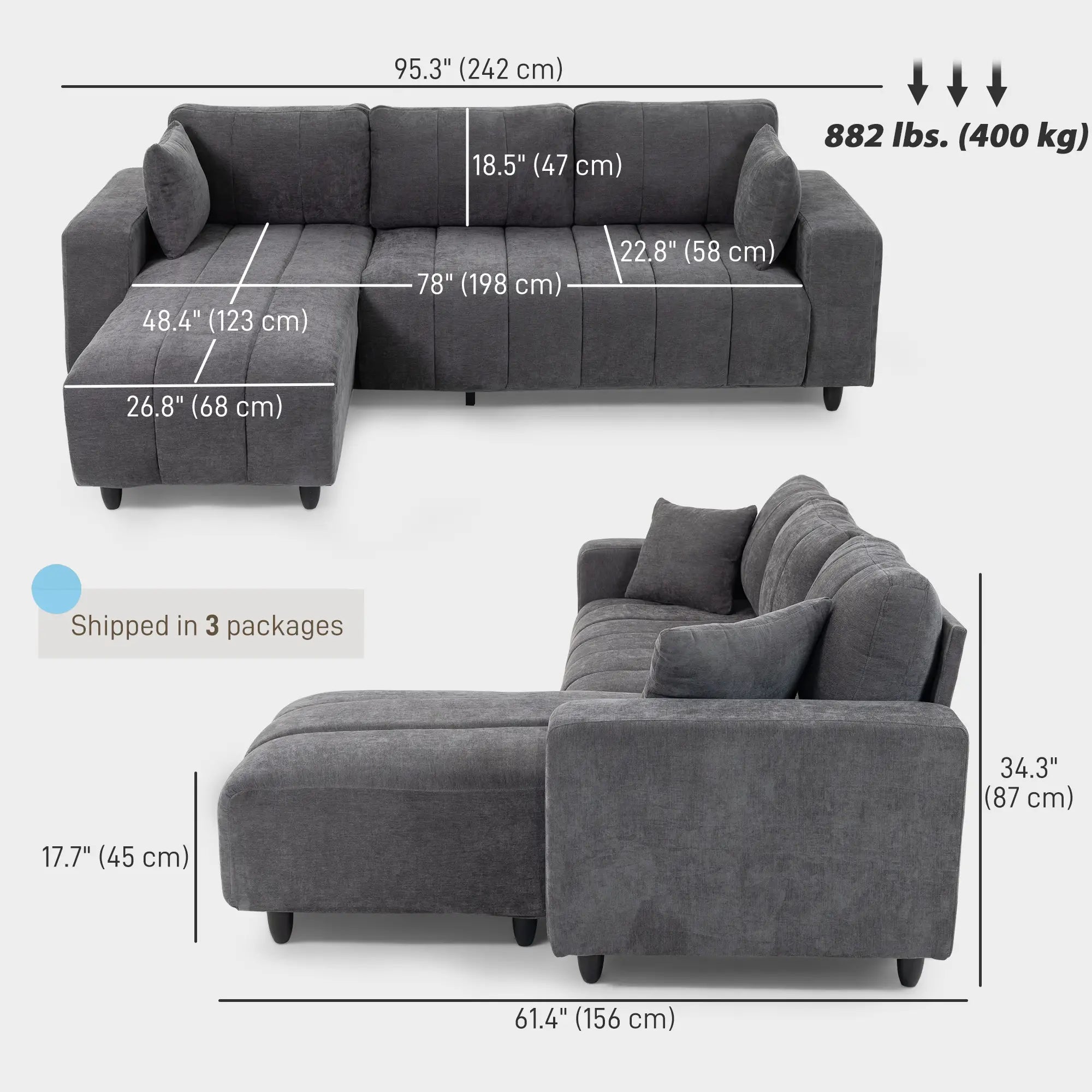 L-Shaped 3-Seater Sectional Sofa With Chaise, Spring Cushion, Grey L Shaped Couchs at Gallery Canada