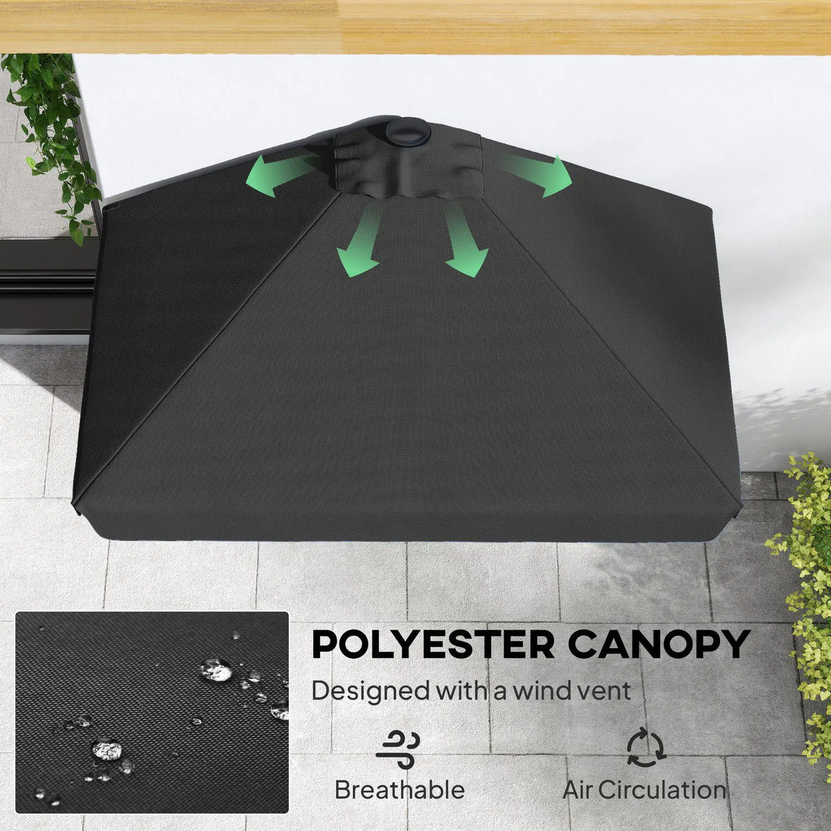 7.5ft Half Umbrella, Semi Round Patio Parasol, Crank Handle, Top Vent, Black