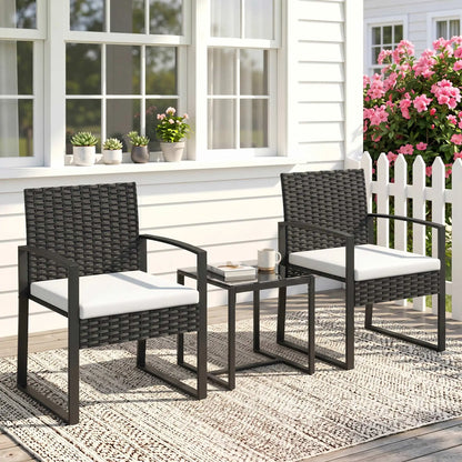 3 Piece Wicker Patio Set, Glass Top Table With Cushions, Cream White Bistro Sets at Gallery Canada