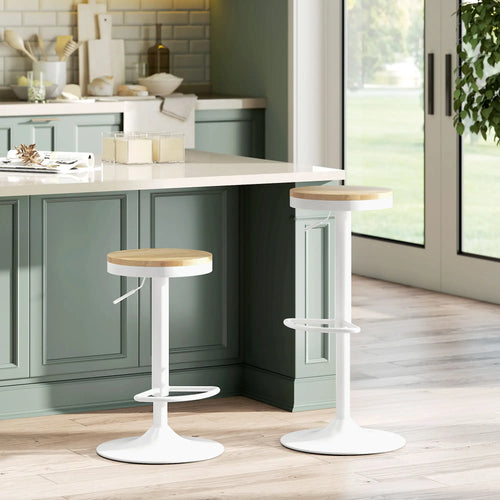 Swivel Bar Stools Set of 2, Adjustable Height, Natural Wood, White